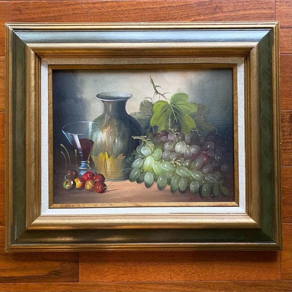 Other - Signed Still Life Oil Painting Of A Vase, A Glass Of Wine, Grapes and Cherries